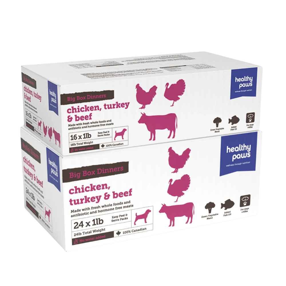 HP 16&24LB CTB Healthy Paws Big Box Dinner 16 Chicken, Turkey, Beef