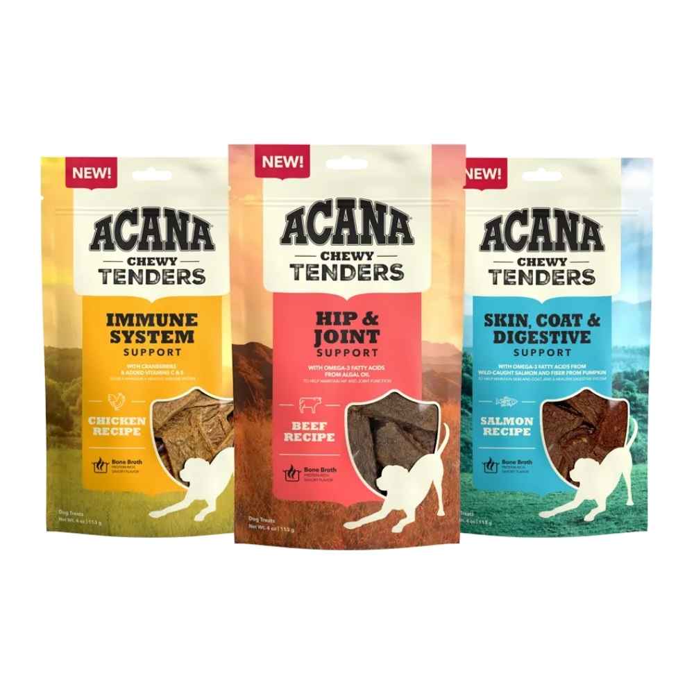 Acana Chewy Tender Dog Treats Acana Chewy Strips, Acana, Chewy, Treat, Dog Treat, Champion Pet Foods, Salmon Skin, Coat & Digestive, Chicken Immune, Beef Hip & Joint